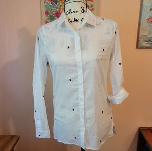 Alexander Jordan White Star Keyhole-Back Collared Button-Down Top, NWT, S